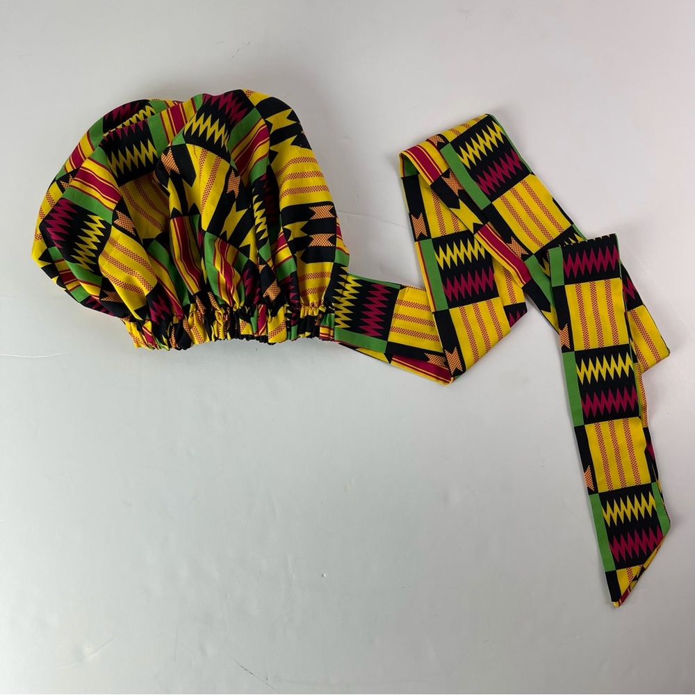 African Print Ankara Silky Satin Adjustable Bonnet With Tie Band